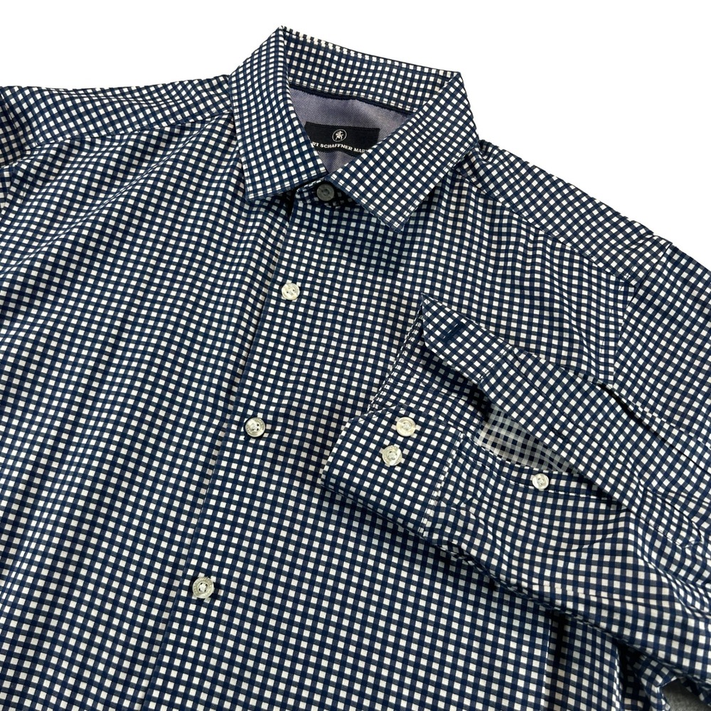 Hart Schaffner Marx Button Down Shirt Mens L Blue Geometric Gingham Plaid